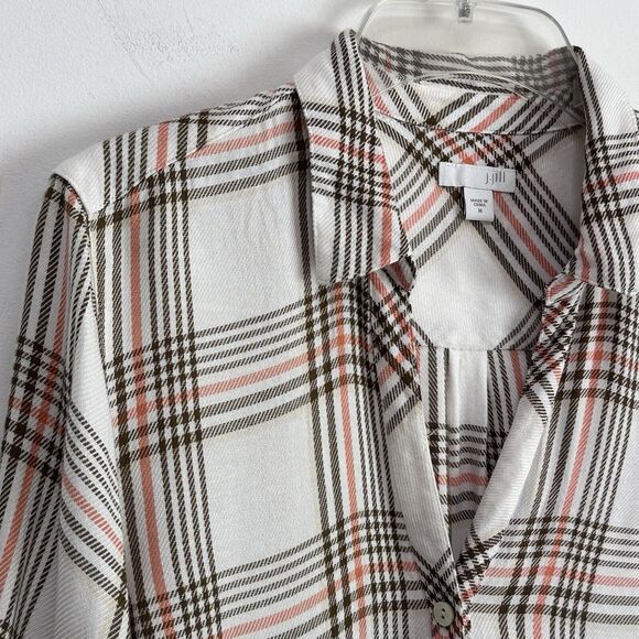 J Jill Blouse Shirt M Rayon Long Sleeve Plaid Button Front V Neck Casual Relaxed - Picture 5 of 11